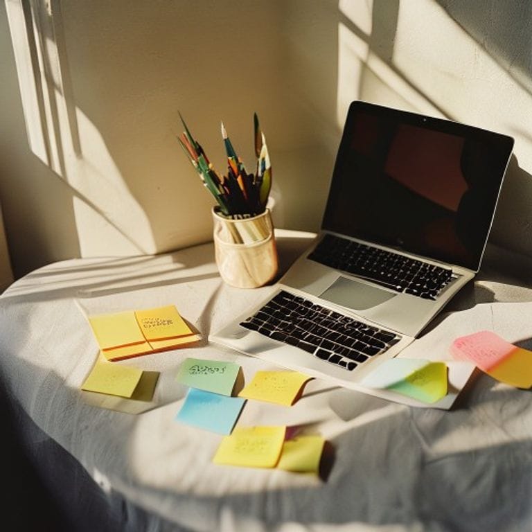 Calendrier mural et cahier avec post-its colorés à côté d'un ordinateur, lumière matinale