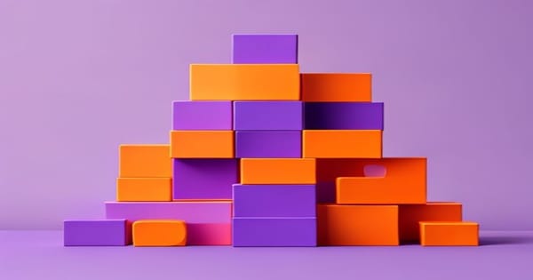 No-code IA 2026 blocs construction puzzle pièces abstract violet orange
