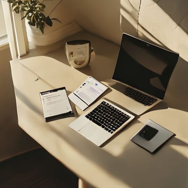 Smartphone et ordinateur portable affichant des interfaces IA sur un bureau minimaliste