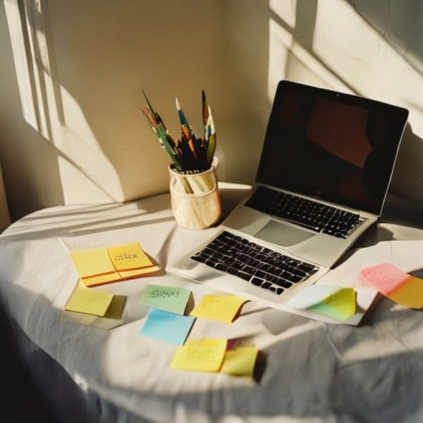 Calendrier mural et cahier avec post-its colorés à côté d'un ordinateur, lumière matinale